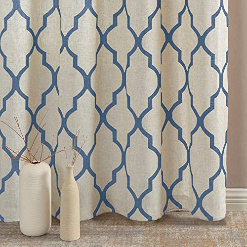 Jinchan Linen Curtains Living Room Drapes Moroccan Tile Pattern Window Treatment For Bedroom Curtain Light Filtering Curtains Flax Textured Lattice Grommet 96 Inch Length 2 Panels Set Blue On Beige #TOP4