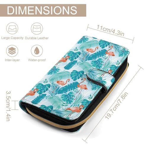 Pink Flamingo Floral Leaf Pattern Leather Wallets Large Capacity Zipper Pocket Card Holder with ID Window2