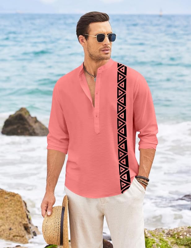 Image of FINIVO FASHION Men's Short Kurta with Printed Geometric Side Panel | Cotton Blend Full Sleeve Ethnic Topwear with Mandarin Collar | Stylish Indo-Fusion Kurta for Daily, Festive, or Casual Wear