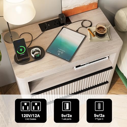 Image of Night Stand, Nightstands with Drawer Storage Bedside Table Large Modern nightstand with USB Port and Outlet, mid Century nightstand for Bedroom,Sofa Table(Light Wood Color)
