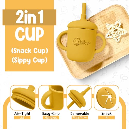 O'doe 17-Piece BPA-Free Silicone Baby Feeding Set | Thick & Soft Suction Plates, Baby Bowls, Wooden Fork & Spoon, and More | Make Mealtime Fun and Easy for Your Little One (Yellow, V2)