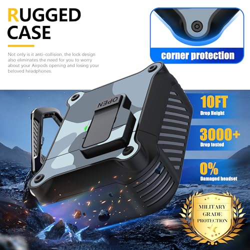 Image of RFUNGUANGO for Airpods 2nd and 1st Generation Protective Cases Automatic Pop-up with Safety Lock Clip, Full Body Shockproof Hard Case with Keychain (Cleaning Tool)-Light Gray Camouflage