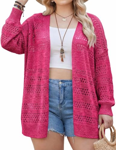 Image of IN'VOLAND Womens Plus Size Crochet Cardigan Lightweight Long Sleeve Open Front Oversized Boho Sweaters Kimonos