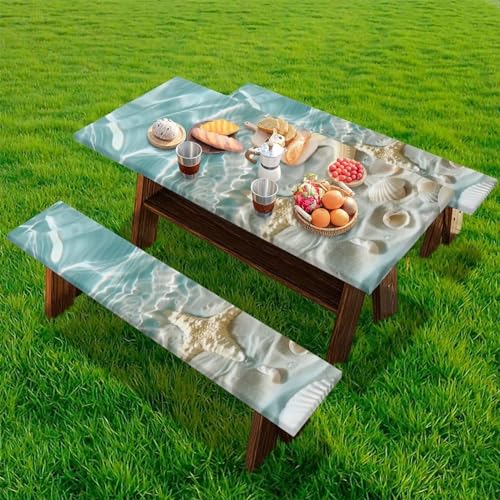 Hudotybom Picnic Table Cover with Bench Covers Beach Starfish Camping Table Covers for 8 Foot Tables 3 Pcs Picnic Table Bench Covers Camping Essentials for Camper, 94x30 Inches