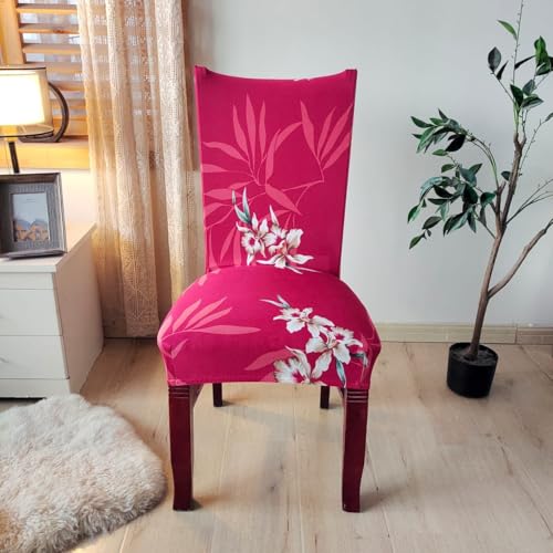 Image of Styleys Chair Covers for Dining Room, Stretch Dining Chair Cover, Washable Spandex Kitchen Chair Slipcovers (Set of 8, Red White Lilly, SD3223)