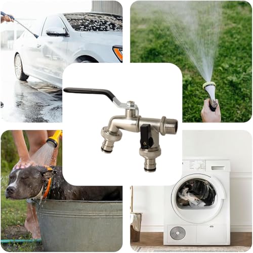 Image of HASTHIP Water Tap, Garden Faucet Splitter, 1 in 2 Out Zinc Alloy Hose Y-Connector, Dual Water Tap Adapter with Individual Shut-Off Valves for Garden, Lawn & Outdoor Irrigation