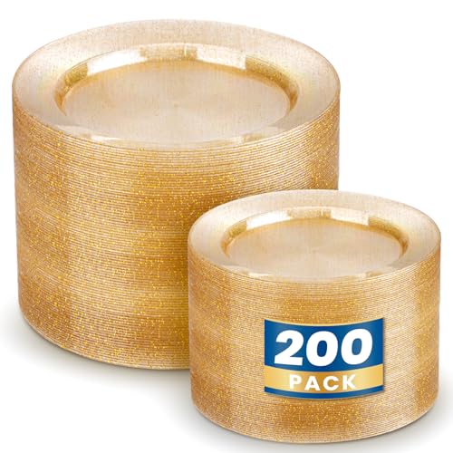 WDF 200PCS Gold Plastic Plates - Gold Glitter Plastic Plates - Heavy Duty Gold Glitter Disposable Plates - Include 100 Dinner Plates 10