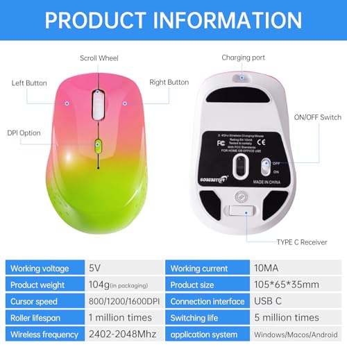 Wireless Mouse,USB-C & USB-A Dual Receiver Silent Rechargeable Mouse,Ergonomic Portable Optical Mouse for MacBook, iPad, Tablet, Laptop, PC–Gradient Pink Green - image 7