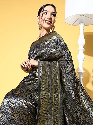 Image of AKHILAM Women's Geometric Banarasi Silk Zari Saree With Unstitched Blouse Piece (Dark Blue RR0TOSH9103)
