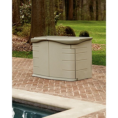 Image of Rubbermaid Split-Lid Resin Weather Resistant Outdoor Garden Storage Shed, Olive and Sandstone