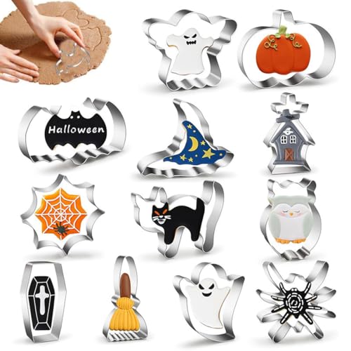 JUGUTA Set 12 Formine per Biscotti Halloween - Stampini in Acciaio Inox per Dolci e Decorazioni - Ideali per Feste, Torte e Cioccolato - Design Spaventosi e Dettagliati