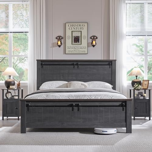 Image of IFBUY Farmhouse Nightstands Set of 2, Narrow Bedside Table with Charging Station, Night Stand Set 2 with Storage & Open Shelf, End Tables w /Groove Barn Door for Bedroom, Living Room, Dark Grey