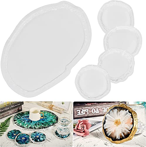 RPEIXYA Moldes de Resina para Posavasos, Molde de Posavasos con Borde Irregular en Forma de Mineral, Molde de Bandeja de Resina Grande y moldes de Posavasos de 4 Piezas para fundición de Resina epoxi Cover