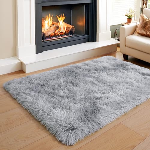 KING DARE Small Plush Rug 2x3 for Bedroom, Shaggy Bedside Throw Area Rug for Living Room Dorm, Non Slip Fluffy Carpet Modern Home Decor Aesthetic for Entrance Nursery Kids Room, Tie Dyed Grey