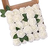 JPSOR White Roses Artificial Flowers 25pcs Foam Fake Roses with Stems for DIY Wedding Bouquets...