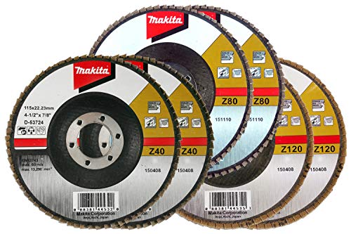 Makita 6 Piece - Multi Grit Flap Disc Set For Grinders - 3-In-1 Conditioning For Metal, Stainless Steel & Non-Ferrous - 4-1/2" x 7/8-Inch | Z40, Z80 & Z120 Angled