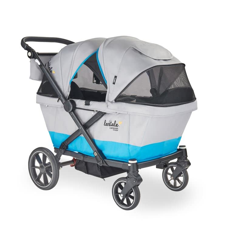 Image of Larktale Caravan Coupe - Compact 2-Seater Stroller Wagon with Small Fold - Adjustable Canopies Included - Gray/Blue