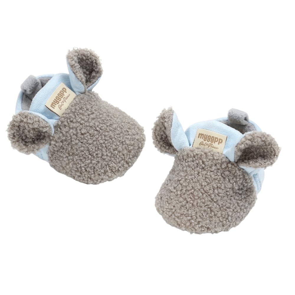 6 to 12 months baby boys & girls soft fur animal face hook & loop closure booties (grey & light blue) - bt5057