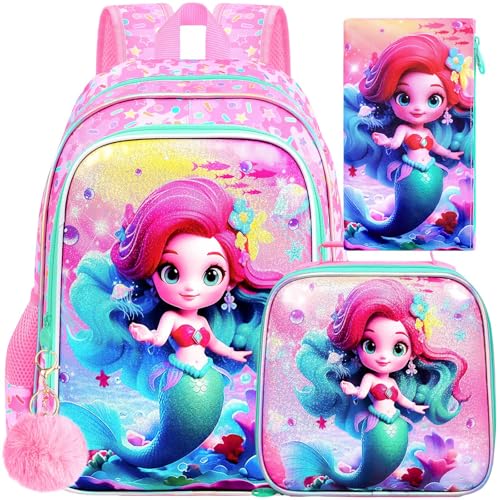 Image of CCJPX 3PCS Mermaid Backpack for Girls, 16 inchKids Preschool Bookbag with Lunch Box, Cute Water Resistant Elementary School Bag for Teen Kindergarten Toddler