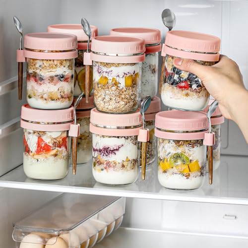 Image of LANDNEOO 4 Pack Overnight Oats Containers with Lids and Spoons, 16 oz Glass Mason Jars with Airtight Lids, Overnight Oats Jars for Milk, Cereal, Fruit-Pink