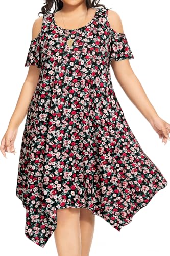 Image of Pinup Fashion Plus Size Summer Sundress Casual Flowy Cold Shoulder Dress | Breathable, scoop neck, handkerchief hem, side pockets, casual swing dress for beach, vacation,daily wear