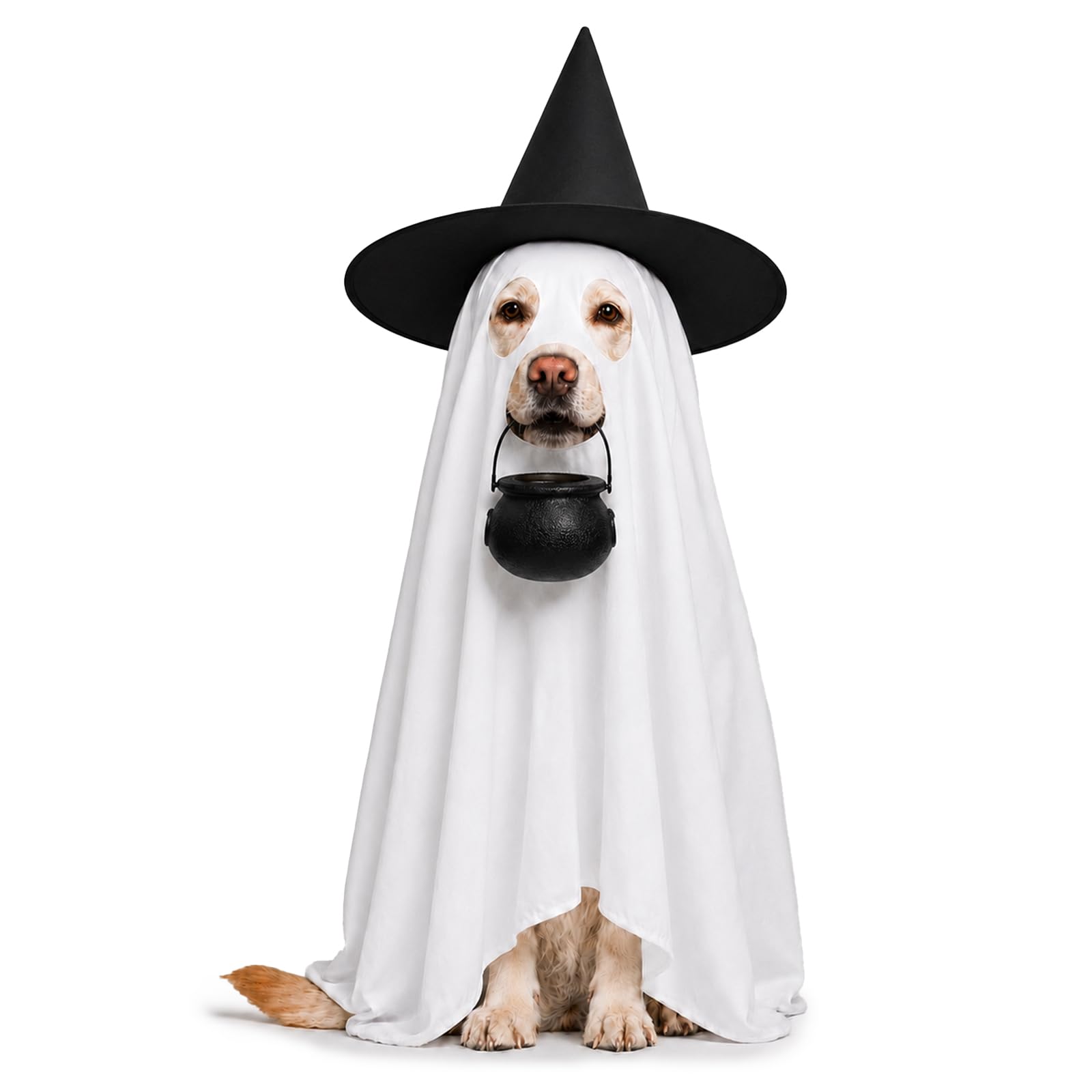 Costume de fantôme pour chien grande taille cape blanche Halloween chapeau sorcière
