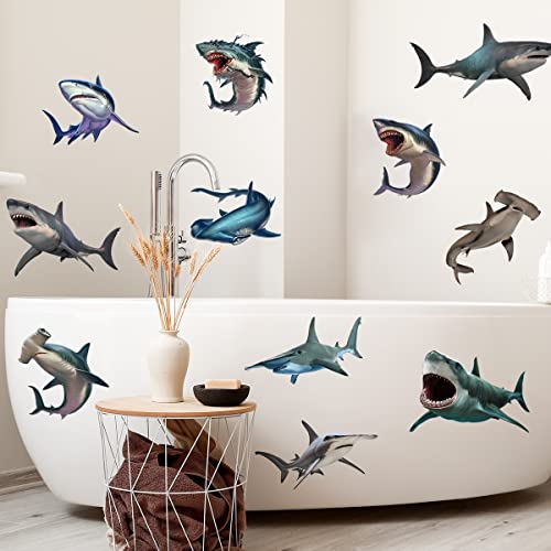 11 Pcs 3D Large Shark Wall Decal Stickers, Ocean Animal Under The Sea Wall Decal Stickers, Peel And Stick Removable Sea Creature Shark Stickers For Kids Room Playroom Bathroom Baby Nursery Wall Decor #TOP3