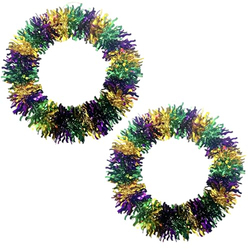 2PCS Mardi Gras Wreath 13 Inch Golden Green Purple Carnival Wreath Decorations Carnival Door Decorations for Mardi Gras Party Home Decor (2PCS)