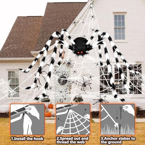 iZoeL XXL Halloween Deko 700cm Riesige Spinnennetz + 200cm Spinne + Spinnweben + 30 Mini Spinne, Halloween Garten Deko Outdoor Deko Gruseliges Außendekoration Riesenspinne Schwarz-weiß