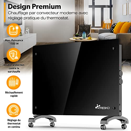 tresko® radiateur electrique mobile | chauffage électrique en verre | convecteur | radiateur électrique chauffage au sol ou mural (noir / 1500 w)