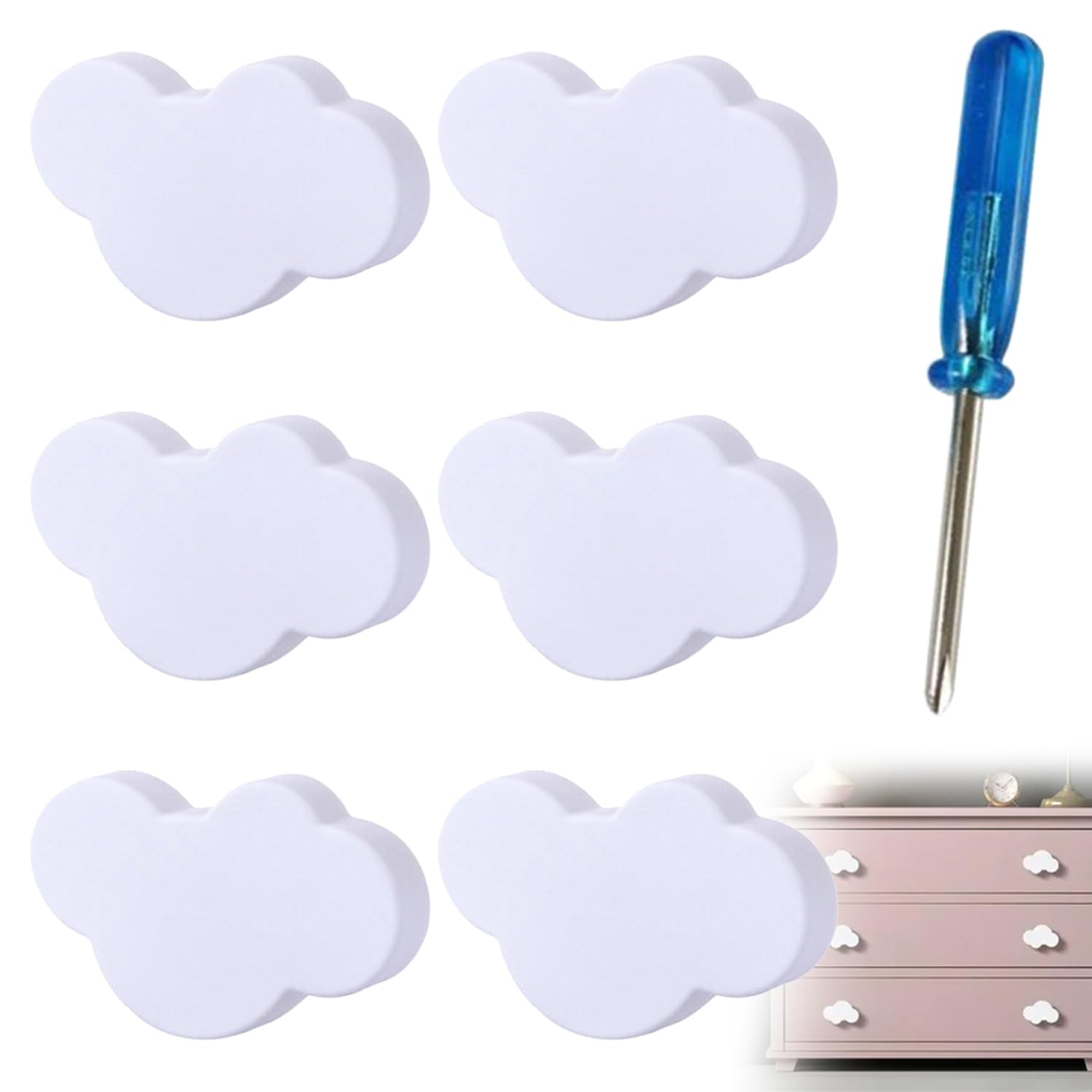 Boutons de Tiroir en Forme de Nuage,Boutons de Tiroir en Caoutchouc Souple en Forme de Dessin Animé,6 Pièces Bouton de Meuble Enfant,Boutons de Tiroir,Boutons de Porte,Boutons de Meuble avec Vis,Blanc