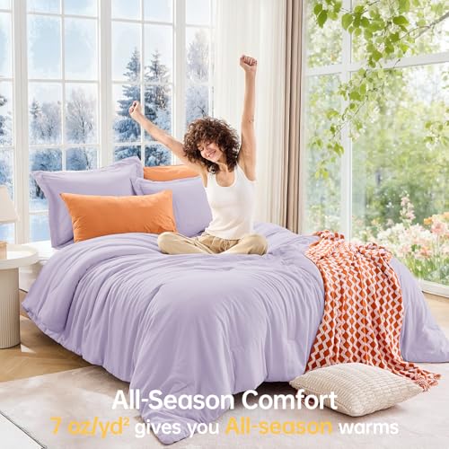 Image of MUXHOMO King Size Comforter Set, All Season Ultra Soft Down Alternative Bedding - 3 Piece Lightweight Bed Set Includes 1 Comforter (104 inchx90 inch) and 2 Pillow Shams (20 inchx36 inch), Lavender