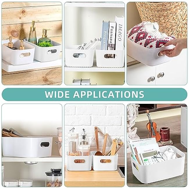 Geetery 12 Pieces Plastic Storage Bins Basket with Handles Toy Organizers and Storage Bins for Home Cupboard Kitchen Bathroom Office Pantry Organization(9.6 X 6.3 X 3.9 Inch,White)