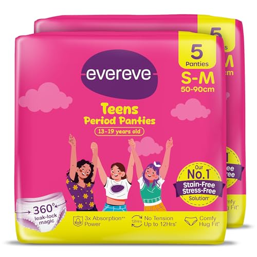 Evereve Teens Period Panties, S-M, 5Pcs Pack of 2 (for 13-19 yrs old), 360° Anti-Leak Protection, up to 12hrs Absorbency, Heavy Flow Care, Ideal for School & Overnight Use, Comfy Hug Fit