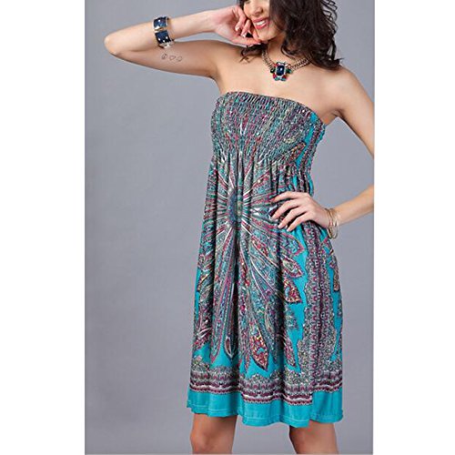 Women Beach Cover up and Kaftans Wraps Ladies Summer Sleeveless Strapless Beach Sundress Ethnic Bohemian Off Shoulder Floral Printed Bandeau Boobtube Casual Mini Dress