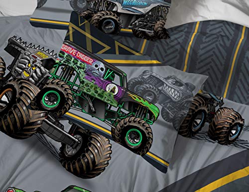 Image of Jay franco Monster Jam MJ Life 5 Piece Full Bed Set-Includes Reversible Comforter&Sheet Set-Bedding Features Grave Digger, Max-D, Megalodon-Super Soft Microfiber-(Official Monster Jam Product) | Grave Digger Megalodon, Bed in a Bag, Comforter Sheets Pillowcases, Soft Microfiber, Machine Washable, Boys Gift