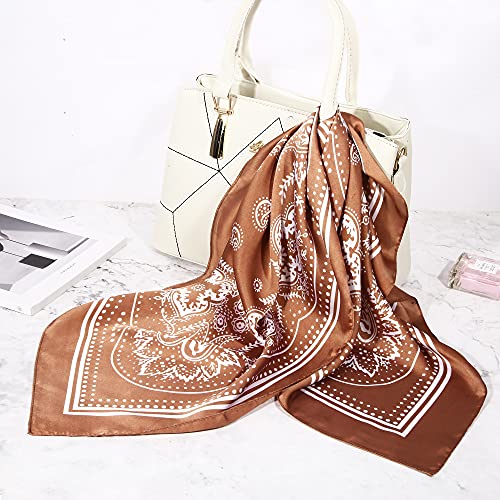 4 Pcs 27.5 Inches Satin Head Scarf Hair Scarf Silk Head Scarf Silk Bandana Silk Hair Wrap Neck Scarf Square Scarf for Women Girls(Brown,Khaki,Light Green,Black)4