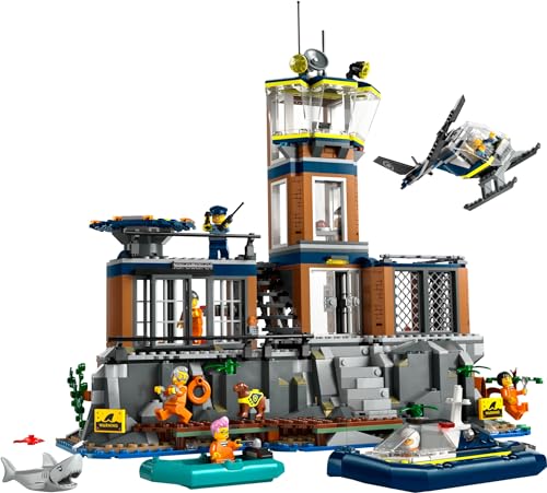City Prigione sull’Isola della Polizia, Giocattolo ricco di Funzioni con Elicottero, Barca, Gommone da Costruire, 7 Minifigure, Cane e Squalo, Giochi per Bambini e Bambine da 7 Anni in su 60419 - Lego - Immagine 9