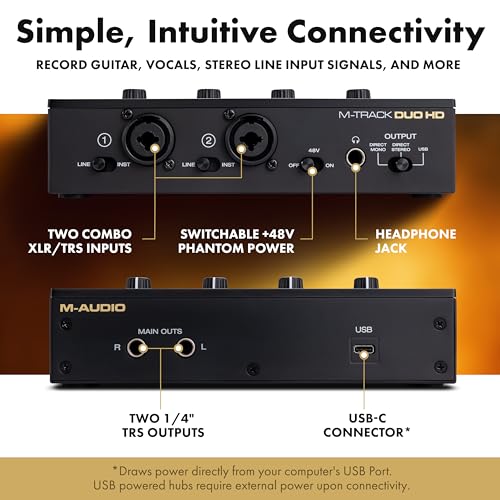 m-audio m-track duo hd audio interface 24bit 192khz for recording streaming podcasting with usb-c 2 xlr trs inputs 2 trs outputs software suite