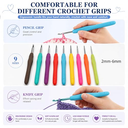 Image of Crochet Hooks, 9PCS Crochet Needles, 2mm-6mm Ergonomic Soft Grip Crochet Hook Set, Crochet Kit for Beginners, Aluminum Yarn Hooks for Arthritic Hands,Comfortable Crochet Needles,Craft Gift for Women