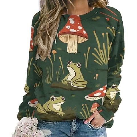 ZOCAVIA Women's Abstract Frog Sweatshirts Fall Winter Fashion 3D Graphic Crewneck Long Sleeve Pullover Tops Western Vintage Casual Animal Printed T Shirts Oversized Abstract Frog Mushroom Green M Cover