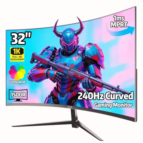 ZZA 32 Inch Curved Gaming Monitor 240Hz Curved Monitor Computer Monitor-HDMI DP USB Headphone Ports,1080p 1K FHD Ultra Slim Curved Screen with Wide Angle,High Refresh Rate Immersive PS5 Xbox PC Gaming