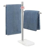 BathAce Hand Towel Holder, F-Shape Hand Towel Stand with Marble Base, Stainless Steel Swivel Hand Towel Rack Standing Towel Bar for Bathroom Kitchen Countertop, 2 Arms (Brushed Nickel)