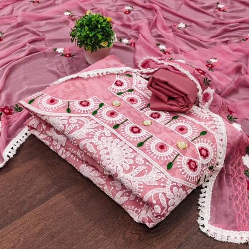 Sidhidata Women's Heavy Chanderi Cotton Embroidery Work Unstitched Salwar Suit Dress Material With Nazmin Work Dupatta (Free Size)