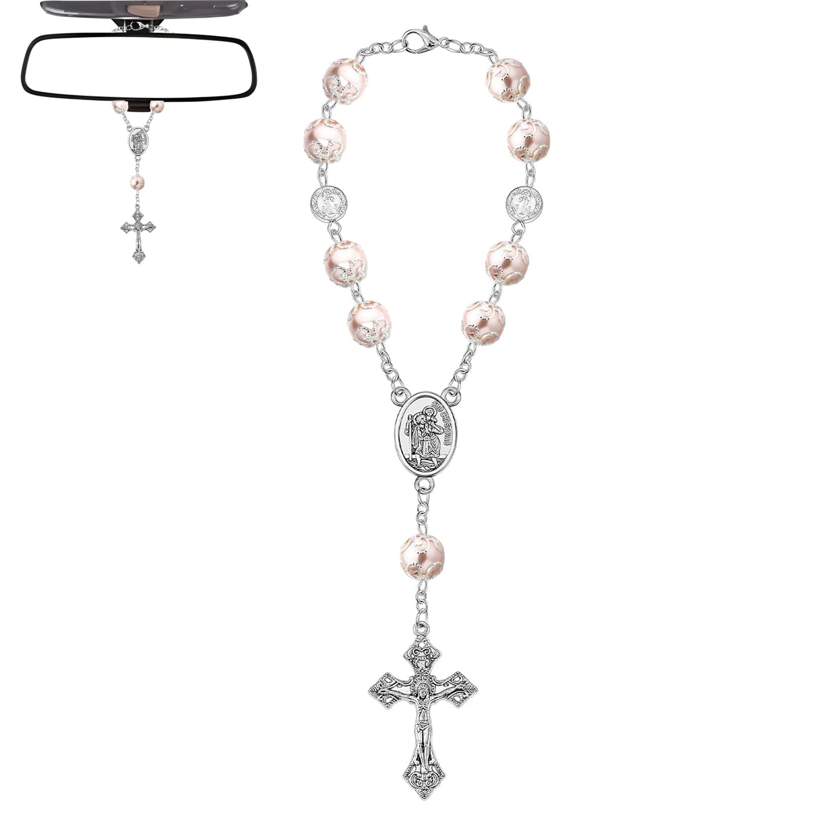 Mrltau Deko Christopherus Auto, Rückspiegel Auto Anhänger, Geschenk Heiliger Christophorus Auto, Auto Rückspiegel Anhänger, Auto Glücksbringer(rosa)