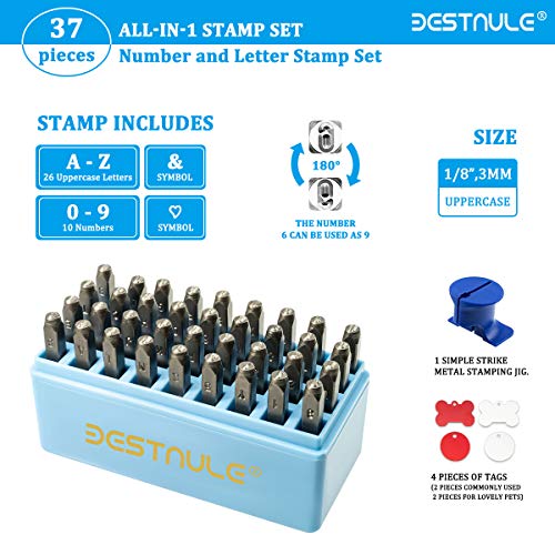 BESTNULE Number and Letter Stamp Set (A-Z, 0-9 and “&”, “Love” Symbol), Industrial Grade Hardened Carbon Steel Metal Characters, Perfect for Imprinting Metal, Wood, Plastic, Leather, (1/8”, 3mm)