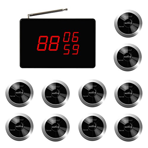 SINGCALL Small Receiver with Voice Reporting Function,Paging System, 360 Degree Waterproof No Screw Pager, Pack of 10 Pagers and 1 Receiver