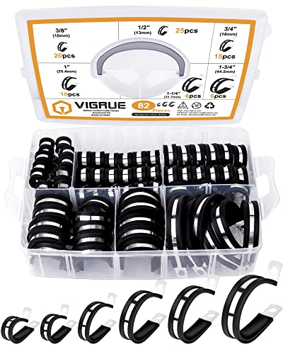 VIGRUE 82Pcs 3/8″ 1/2″ 3/4″ 1″ 1-1/4″ 1-3/4″ Cable Clamps Kit, Pipe Clamps 304 Stainless Steel Rubber Clamp for Tube, Pipe or Wire Cord Installation…