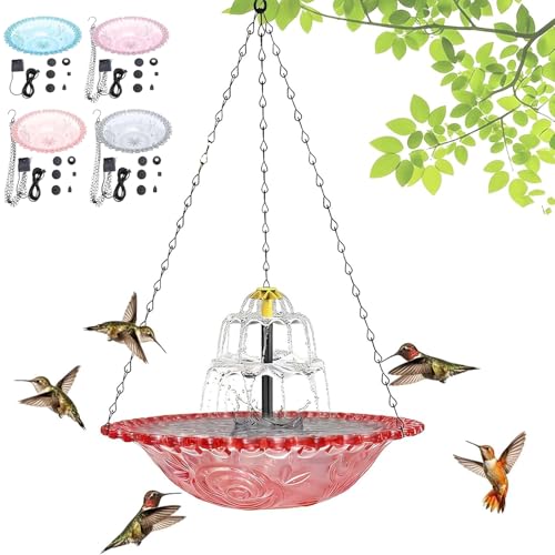 Solar Cascade Hanging Bird Bath Fountain, Outdoor Solar Powered Birdbath With 6-Nozzle Pump & Large Glass Bowl, Weatherproof Hanging Water Feature For Hummingbirds, Gardens, Yard, Patio Decor (Pink B)