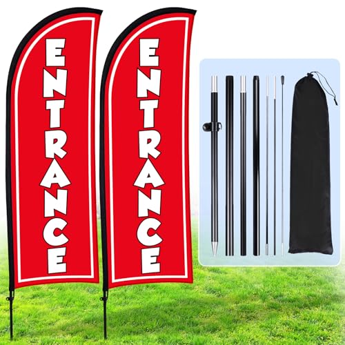 Buryeah 2 Sets Entrance Feather Flag 8 ft Entrance Banner Flag with Pole Kit and Ground Stake for Business Advertising Sign for Outside(Red)
